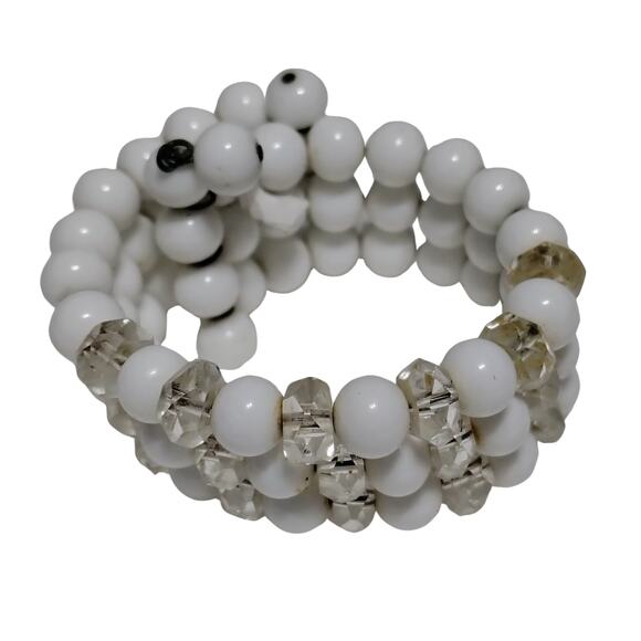 Antique White Glass & Crystal Bead Wire Strand Beaded Stiff Wire Cuff Bracelet - Picture 2 of 5